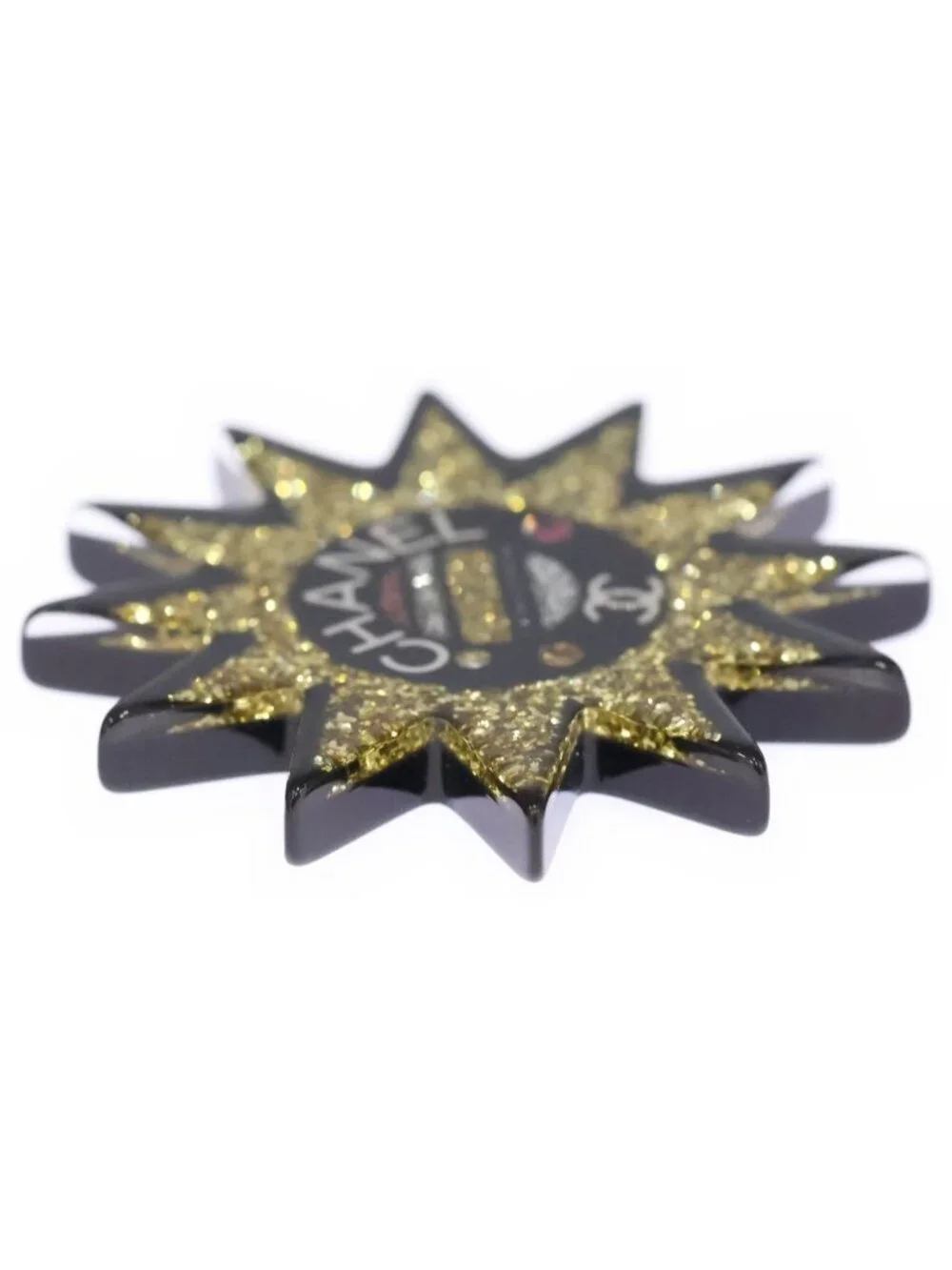Chanel Sun Motif Rhinestone Brooch Pin Badge Black Yellow Resin Strass